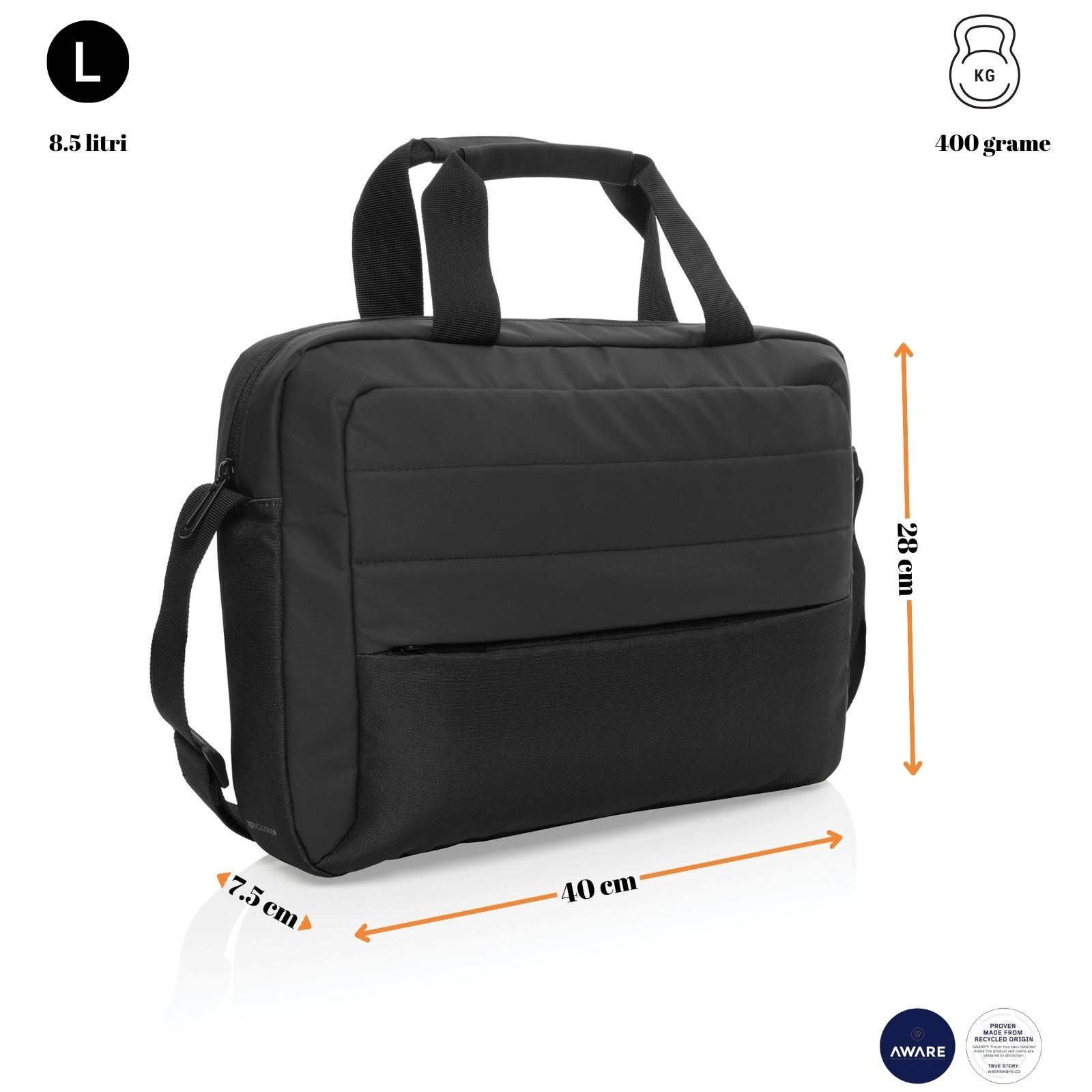 Geanta laptop Armond, Ronic X by XDxclusive, 15.6 inch, multiple compartimente interioare, buzunar frontal, manere fixe, bareta umar, 28 x 7, 5 x 40 cm, 8.2 litri, unisex, negru