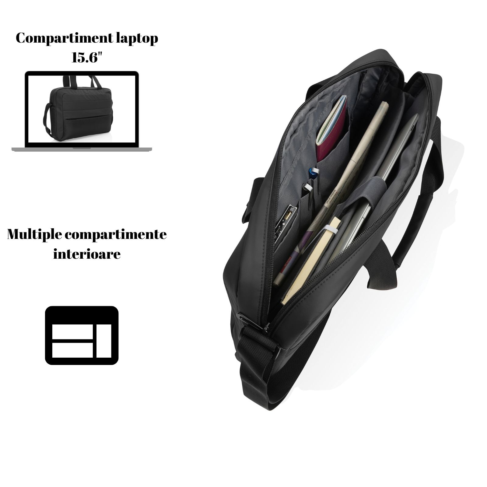 Geanta laptop Armond, Ronic X by XDxclusive, 15.6 inch, multiple compartimente interioare, buzunar frontal, manere fixe, bareta umar, 28 x 7, 5 x 40 cm, 8.2 litri, unisex, negru