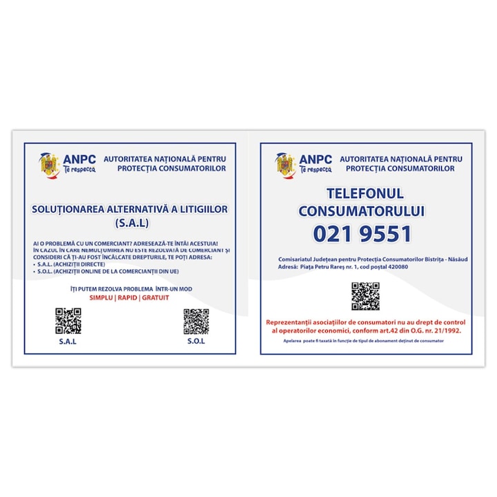 Placuta Obligatorie Combinata, SAL si Telefonul Consumatorului Bistrita Nasaud, 40x20cm, PVC 4mm