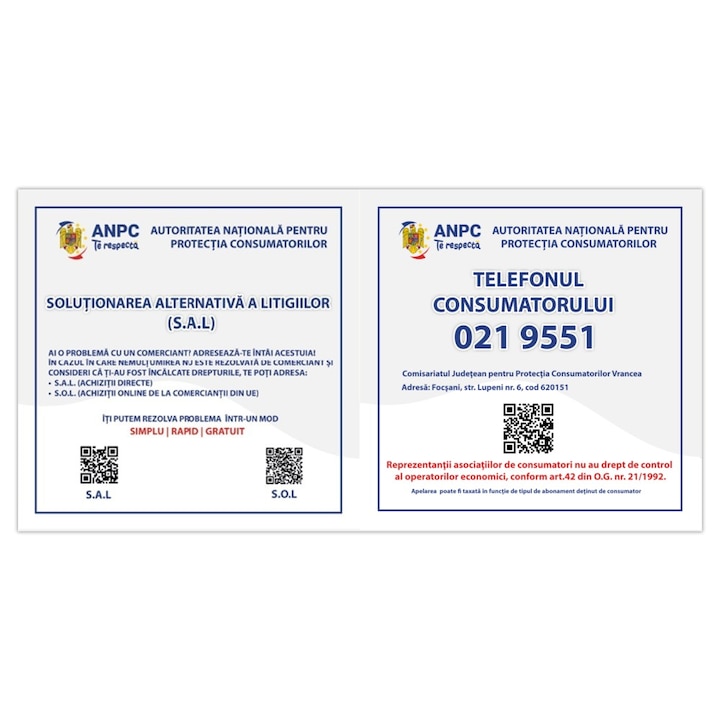 Placuta Obligatorie Combinata, SAL si Telefonul Consumatorului Vrancea, Focsani, 40x20cm, PVC 4mm
