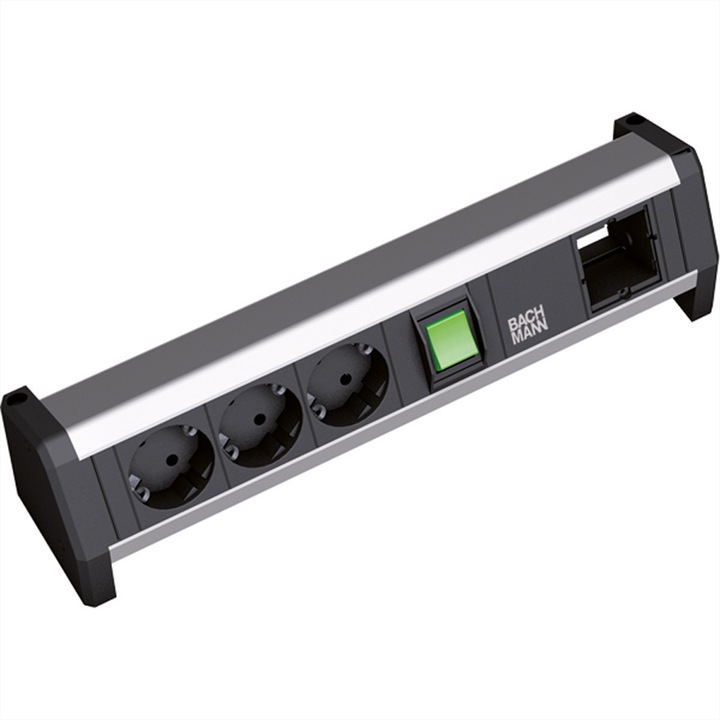 Фасунга, Bachmann, Алуминий, 3 заземени контакта/1 ключ, 365 мм, Черен/Сребрист