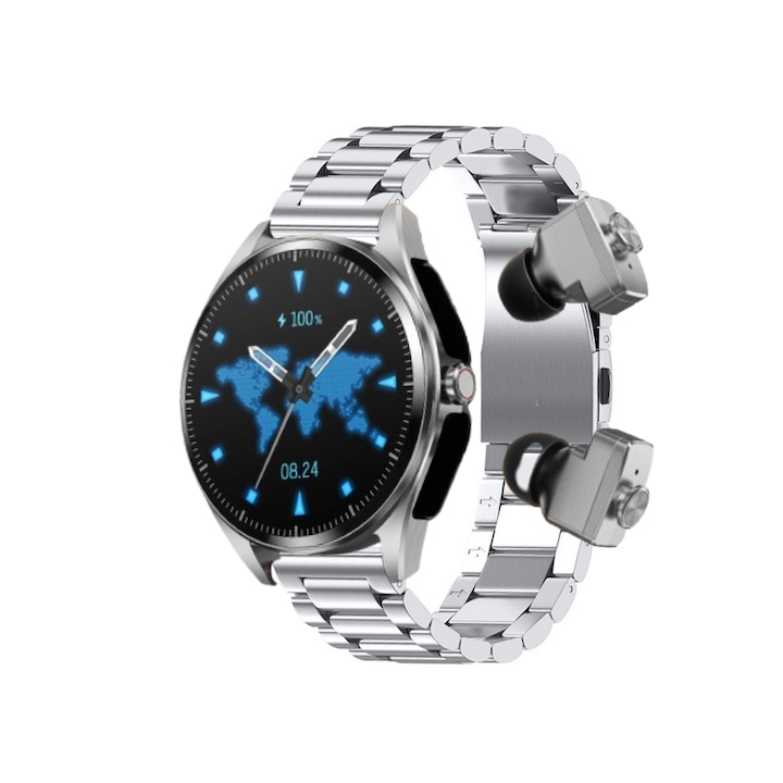 Смарт часовник ZEEVOS f26 с вградени bluetooth слушалки, NFC, 4G вътрешна памет, bluetooth разговор, известия, наблюдение на физическата активност, пулс, кръвно налягане, крачкомер, калории, метална гривна