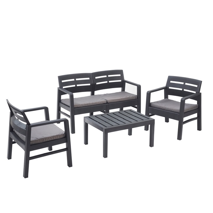 Set mobilier gradina/terasa, Progarden, JAVA, 4 piese, polipropilena, antracit, canapea 2 locuri 121x58x74 cm, 2 scaune 63x58x74 cm, masa 74x55x38 cm, cu perne incluse