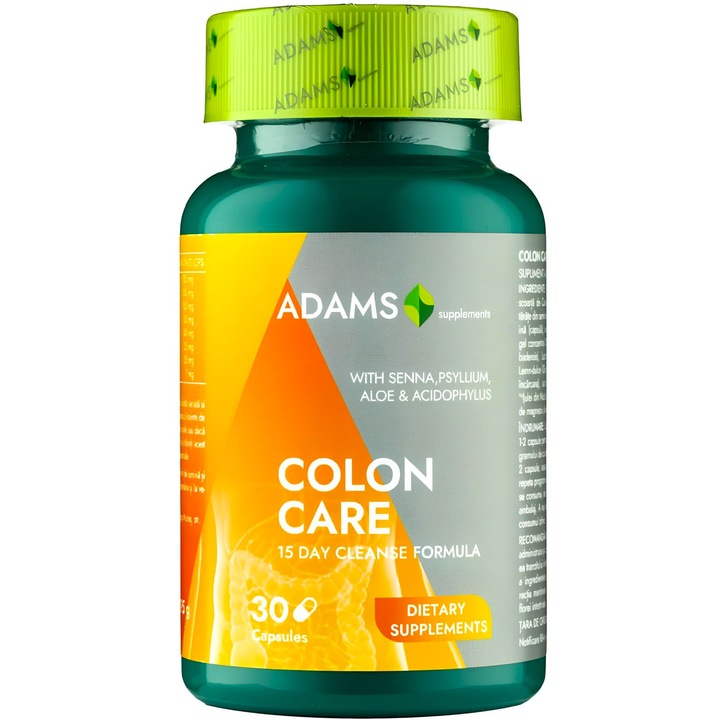 Colon Care (15day cleanse) formula noua cu senna, cascara, psyllium, aloe, acidophilus, seminte in, 30cps, Adams Supplements