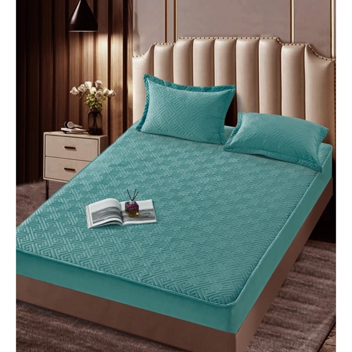 Покривало за легло и 2 калъфки за възглавници, Jojo Home, Кадифе, Абстрактен модел, Капитонирана горна част, 160x200 см, Тюркоаз