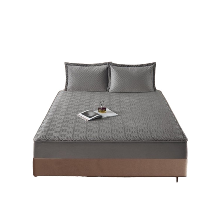 Покривало за легло и 2 калъфки за възглавници, Jojo Home, кадифе, абстрактен модел, капитонирана горна част, 160x200 см, сиво