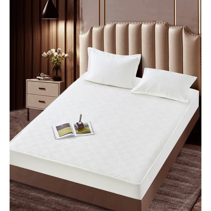 Комплект чаршаф за легло и 2 калъфки за възглавници, Jojo Home, кадифе, абстрактен модел, ватирана горна част, 160x200 см, бял цвят