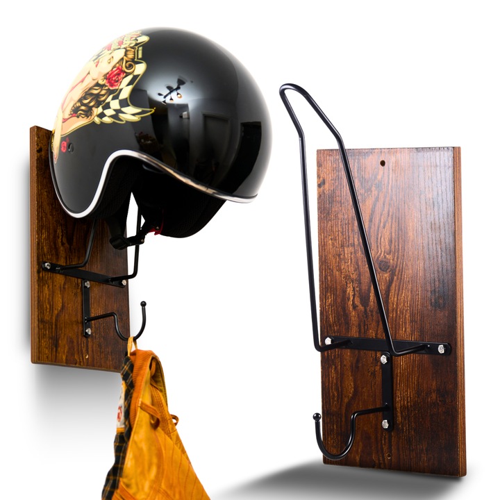 Suport de perete pentru casca moto, atv, snowboard, ski, geaca, haine sau chei, confectionat din metal si lemn