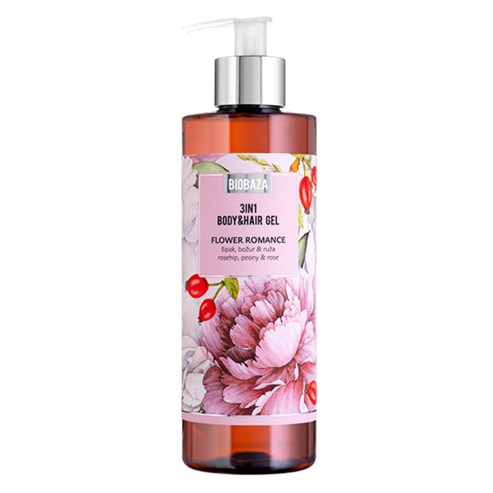 Biobaza Flower Romance Sampon és tusfürdő természetes rózsa illattal és bazsarózsa kivonattal, 400 ml