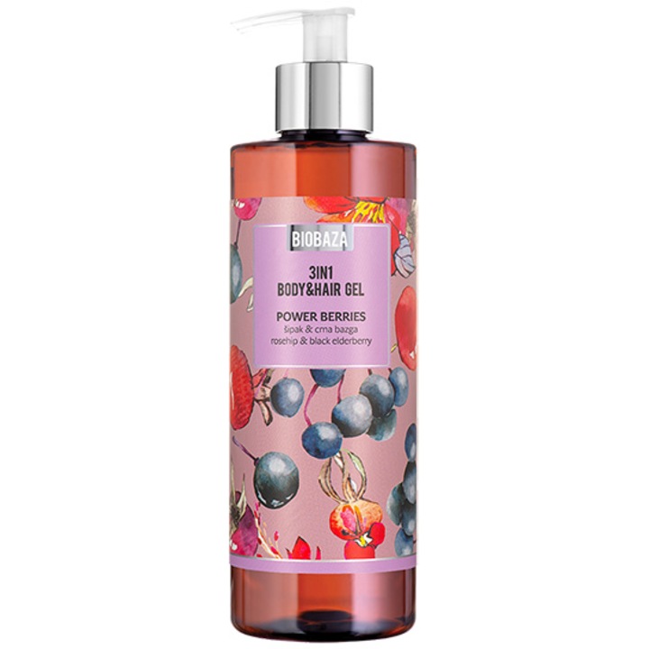 Biobaza Power Berries Sampon és tusfürdő, csipkebogyó és fekete bodza kivonattal, 400 ml