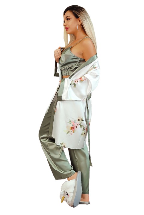 Set 3 piese lenjerie dama, WildFashion, Poliester, 3265, Alb/Verde