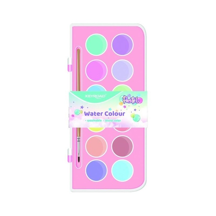 Set acuarele pastelate, Keyroad, 12 culori, Cu pensula, Multicolor