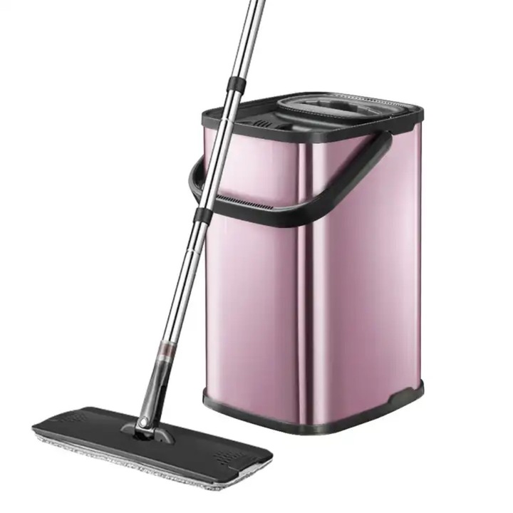 Set curatenie DreamRamp galeata mop si tija din inox, model reptunghiular, finisaj lucios si orificiu de scurgerea a apei cu doua rezerve