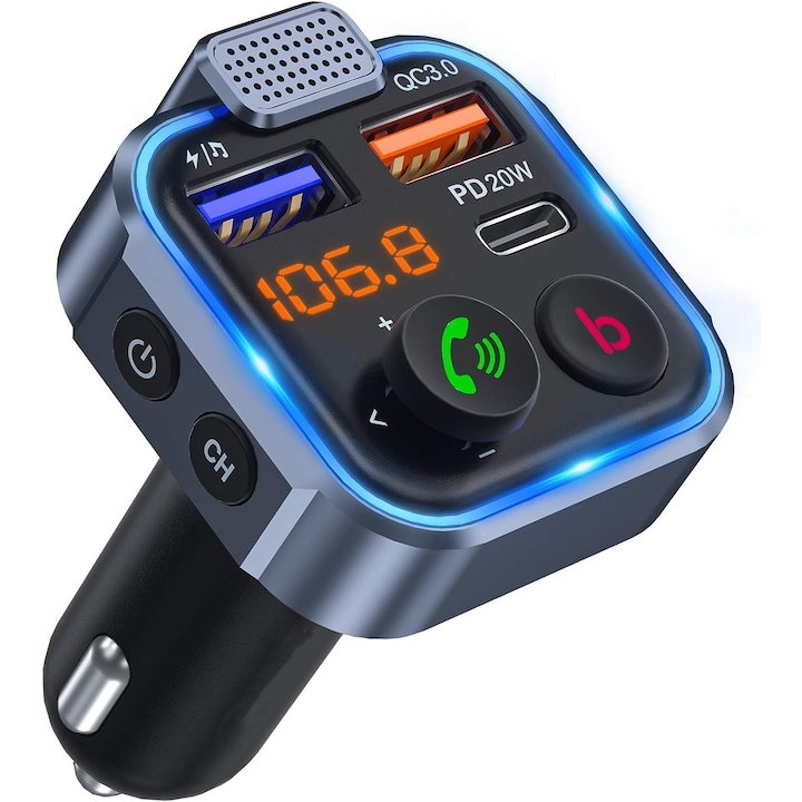 FM модулатор MOSMAOO® PRO, 18W функция за бързо зареждане, Bluetooth 5.0, FM трансмитер с функция за зарядно за кола, USB Type-C порт, дисплей за напрежение на батерията, черен