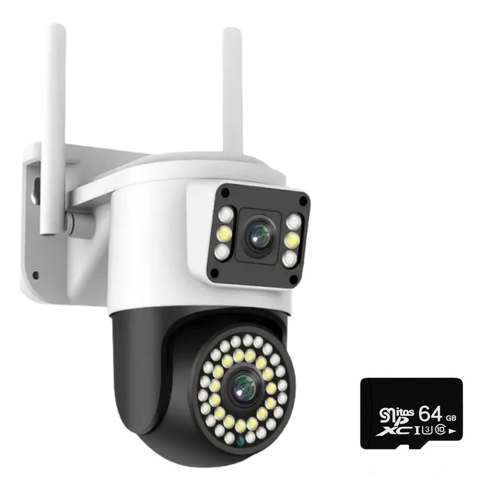 MOSMAOO® двойна WIFI камера за наблюдение, 6MP HD, външна/вътрешна, цветно нощно виждане, двупосочна комуникация, проследяване на движение, аларма, с 64GB карта с памет, бяла