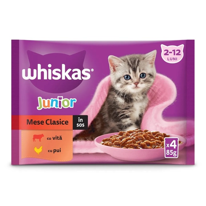 Hrana umeda pentru pisici Whiskas, Junior, selectii clasice in sos de carne, 4 x 85 g