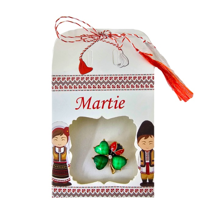 Set cu opt martisoare, Spring Pin, trifoi, buburuza si cristal artizanal cu motive traditionale, VELVE