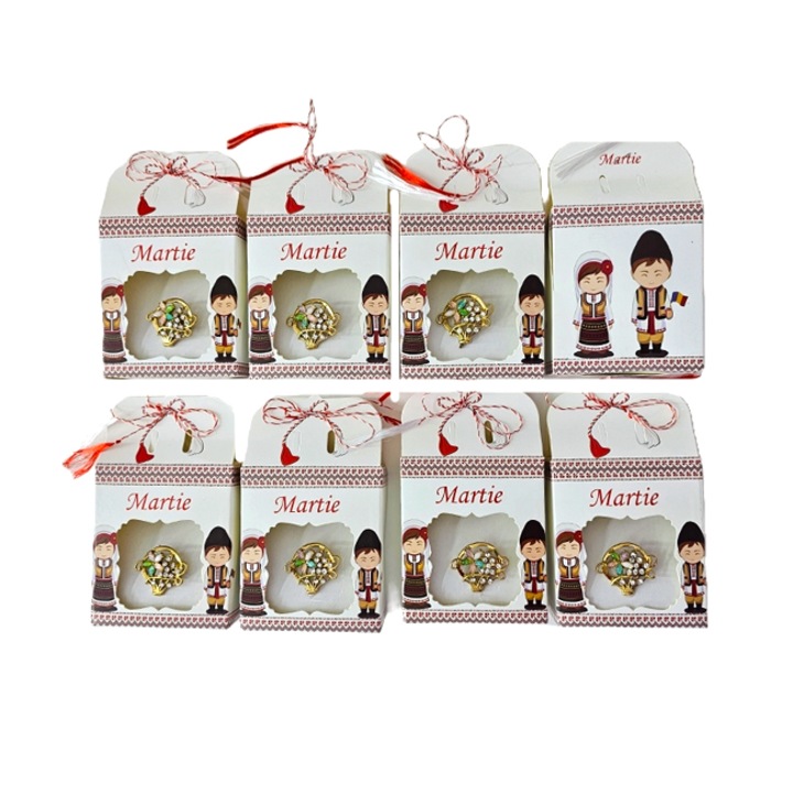 Set cu opt martisoare, Spring Pin, buchet floral cu cristale artizanale si motive traditionale, VELVE