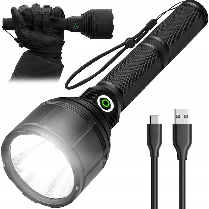 Lanterna tactica LED Vayox, din aluminiu, sursa XHP90 30W, profesionala, 5 moduri de functionare, acumulator inclus, rezistenta la apa, incarcare USB-C, 3000 lumeni, Negru