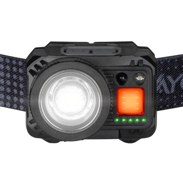 LED челник 6W 499lm, zoom, един сензор за движение, USB-C, 6 режима на светене, бяла и червена светлина, водоустойчив IP44, батерия или батерии, черен