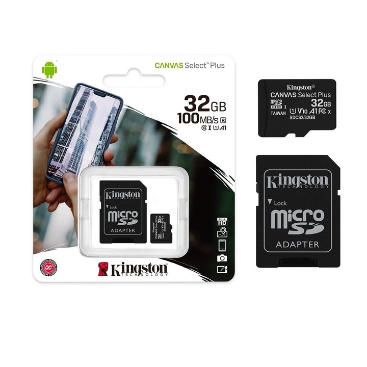 Карта памет 1TECH, Kingston Canvas Select Plus, MicroSDHC, 32GB, Class 10 UHS-I, Черен