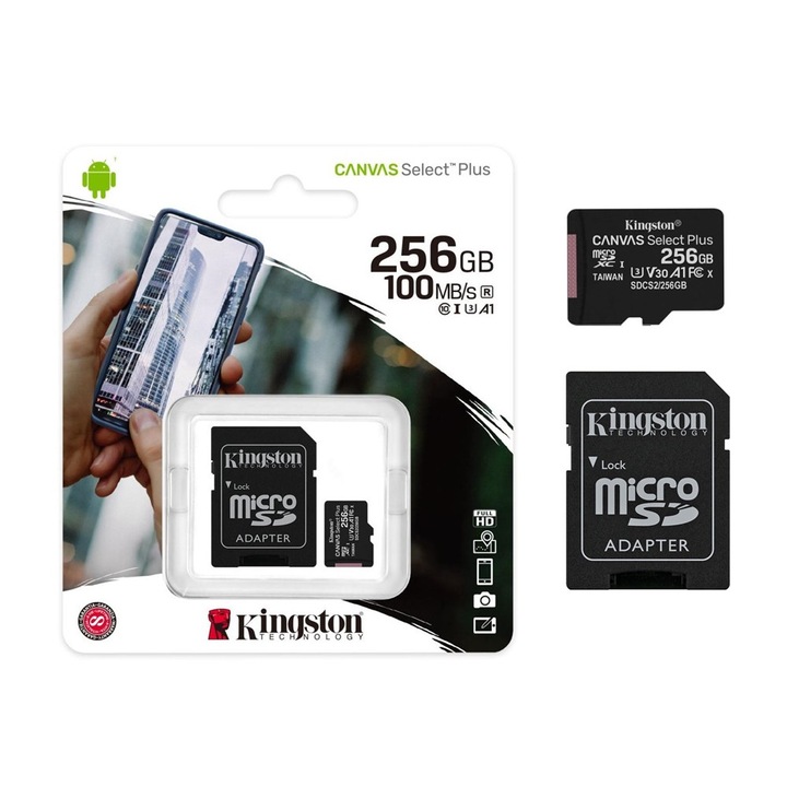Карта памет 1TECH Kingston Canvas Select Plus, MicroSDXC 256GB, Class 10 UHS-I, Черен