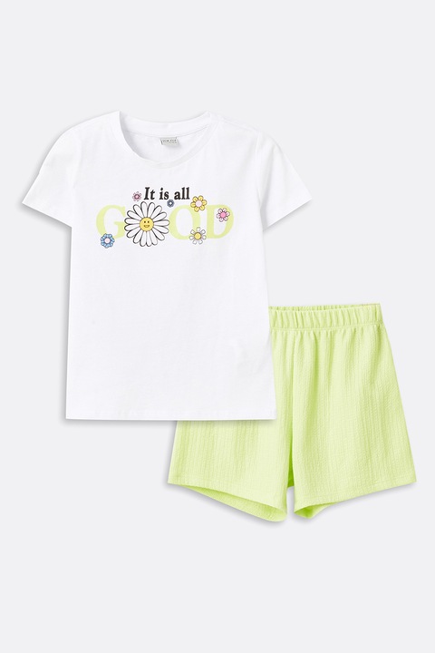 LC WAIKIKI, Set de tricou si pantaloni scurti cu imprimeu, Alb/Verde lime