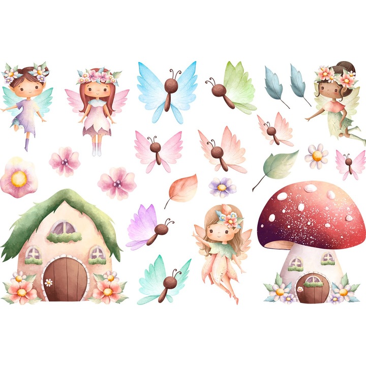 Sticker decorativ, Zanelor, fluturi, flori si casa, 12366ST-2