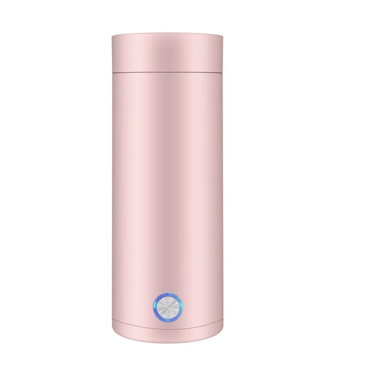 Fierbator electric portabil, Zggzerg, Fierbere sigura si rapida, se potriveste in suportul pentru pahare din masina, in geanta de pranz sau in valiza, apa calda, ceai si cafea in orice moment, Otel inxoidabil, 400ml, 300W, Roz