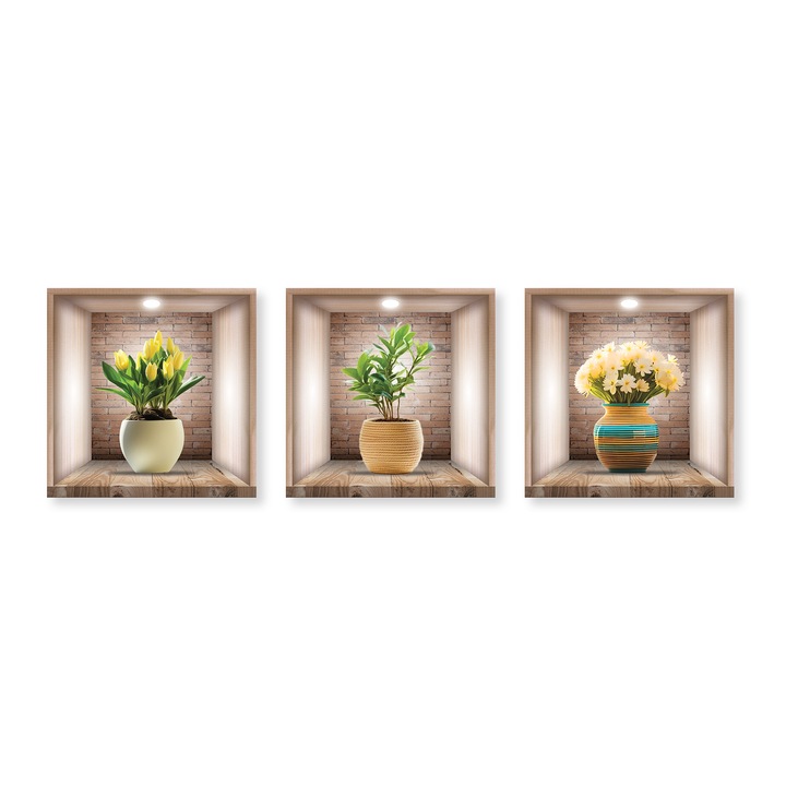 Set 3 buc Autocolant PVC decorativ de perete, flori, efect 3D, 30x30 cm