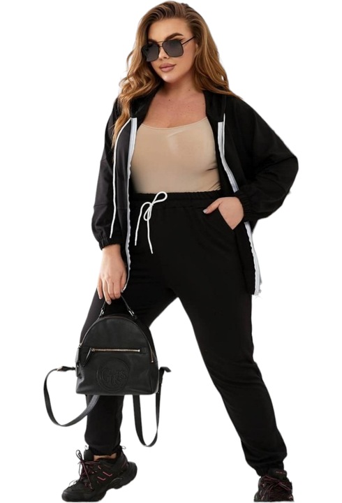 Trening dama, StarFashion, marimi mari, bluza cu fermoar, gluga si pantaloni lungi, Negru intens