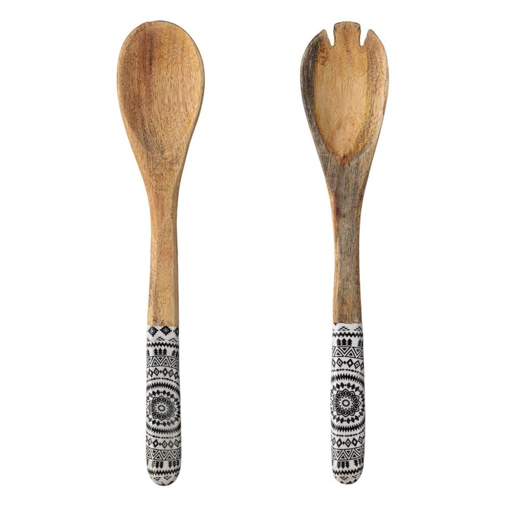 Set Lingura si Furculita Shopiens® de servit din lemn si maner emailat cu model aztec alb-negru, 31 cm