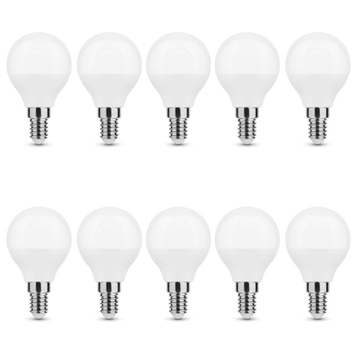 Комплект от 10 LED крушки Mini Globe, E14, G45, 4.9W (еквивалент на 40W), 6000K, CW, студена светлина, 470 lm, Modee, енергиен клас F