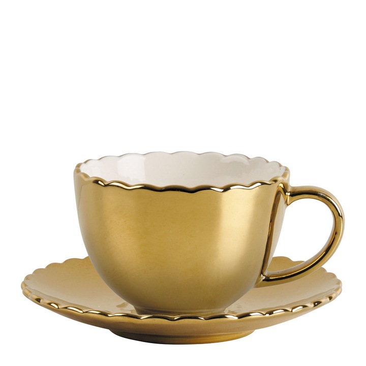 Ceasca ceai cu farfurie aurie, portelan Marguerite, 170ml