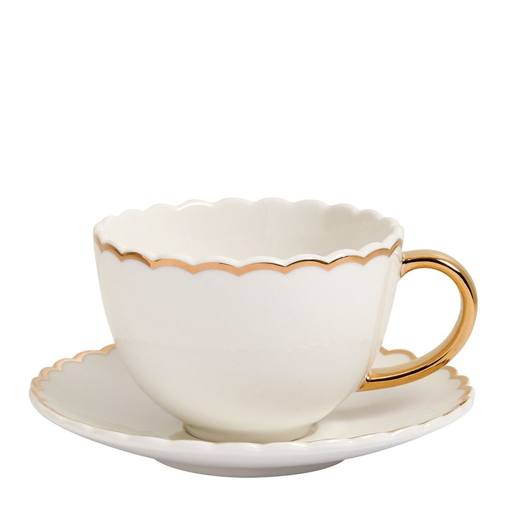 Ceasca ceai cu farfurie alba si bordura aurie, portelan Marguerite, 170ml