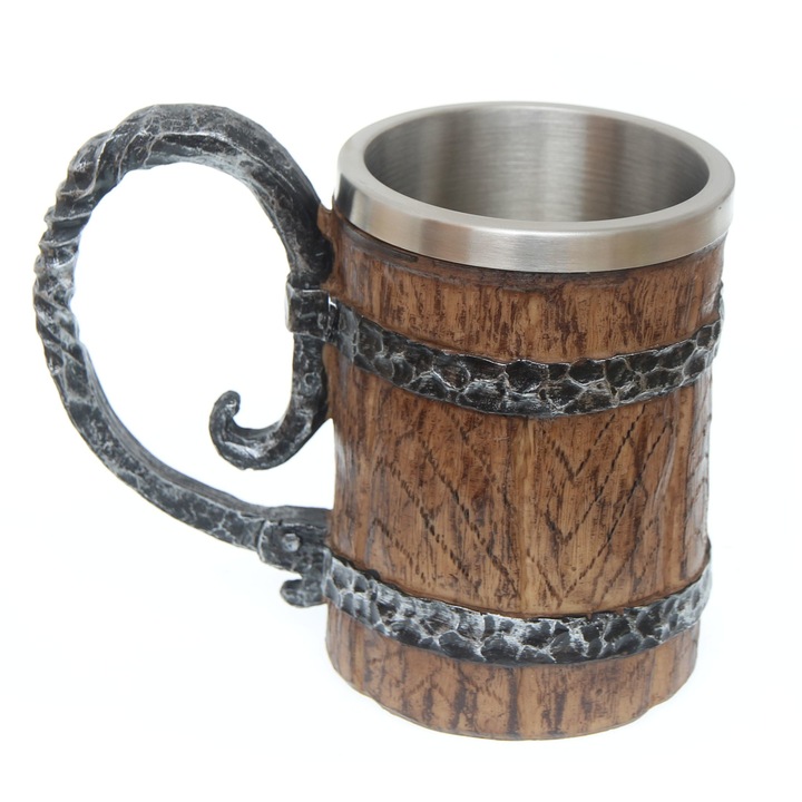 Cana Medievala de tip Halba de bere in forma de butuc lemn, Tole 10 Imperial, 14cm, 500ml decorat 360grade 39604