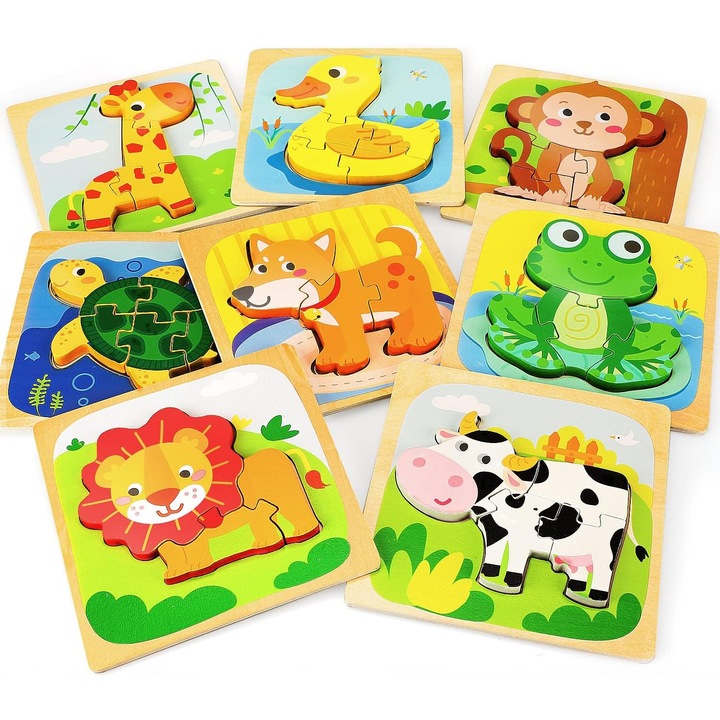 Set Puzzle Interactiv Elindor® pentru Copii 1-3 Ani, Jucarii Interactive din Lemn, Model 8 Animale, Jucarie Interactiva cu Ratusca, Testoasa, Caine, Maimuta, Leu, Girafa, Vacuta, Broasca, Educational, Multicolor
