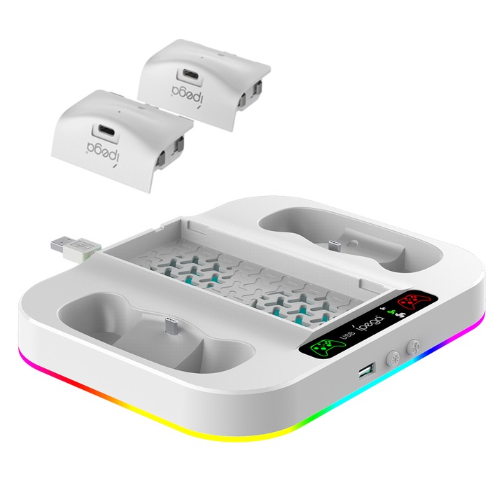XBOX S Series kompatibilis hűtő állomás, kettős töltési funkcióval, 15 RGB fényeffektus mód, USB 2.0 port szinkronizáláshoz, 2 db 1400mAH újratölthető akkumulátorra