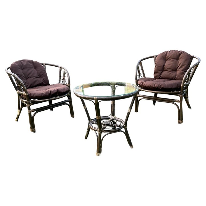 Set mobilier de gradina Bali cu perne maro, 3 piese, Cadru robust si usor, Maro, Ratan