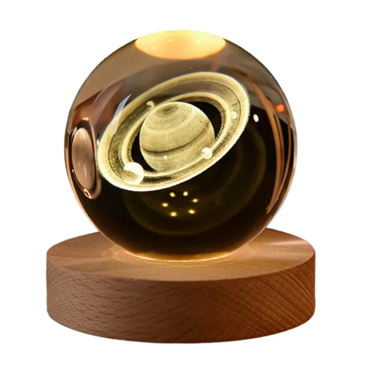 Veioza glob, LED, cristal cu Saturn, experienta cosmica atmosfera magica, lumina calda si linistitoare de 3000K, 8 x 7,5 x 9 cm, incarcare USB - LUMABALL saturn