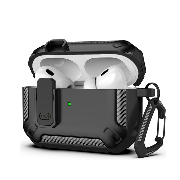 Husa Protectie Compatibila Cu Airpods Pro2, NUODWELL, Material PC+TPU, accepta incarcare fara fir, port de incarcare cu fir rezervat, stil cyberpunk, potrivire precisa, previne impactul si caderea, negru