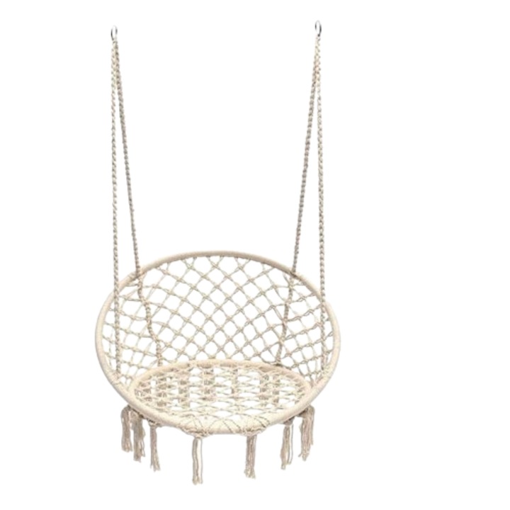 Scaun suspendat ideal pentru curte, balcon sau interior, tesatura tip macrameu, bej, greutate maxima 120 kg