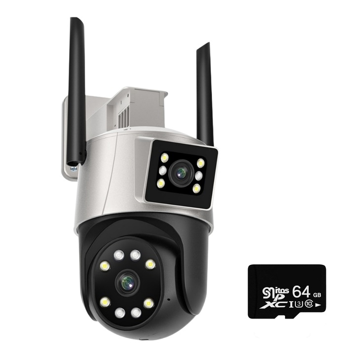 Двойна камера за наблюдение с WIFI MOSMAOO® P11, 8MP, 4K HD, цветно нощно виждане, двупосочна комуникация, проследяване на движение, аларма, с 64GB карта с памет, черен