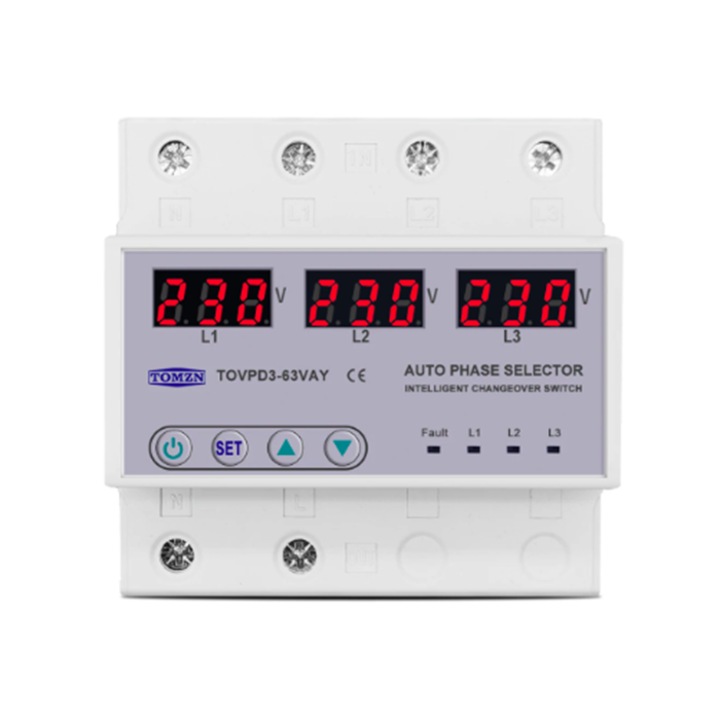Selector de Faza, Releu de tensiune trifazat sina, DIN 3P+N, Voltmetru, Ampermetru, Supra si subtensiune, Monitor Relee, Protector, Reglarea supratensiunii curente, 63A, N3X, 230V
