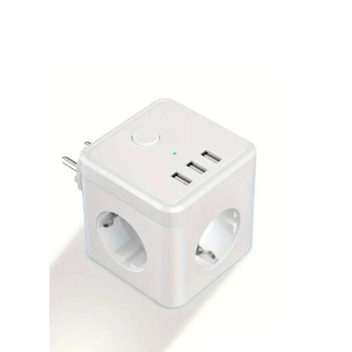6 az 1-ben kocka USB-adapter (2500 W/10A) kapcsolóval, 3 aljzattal, 3 USB vezeték nélküli hármas hálózati adapterrel (5V/3.1A) fehér