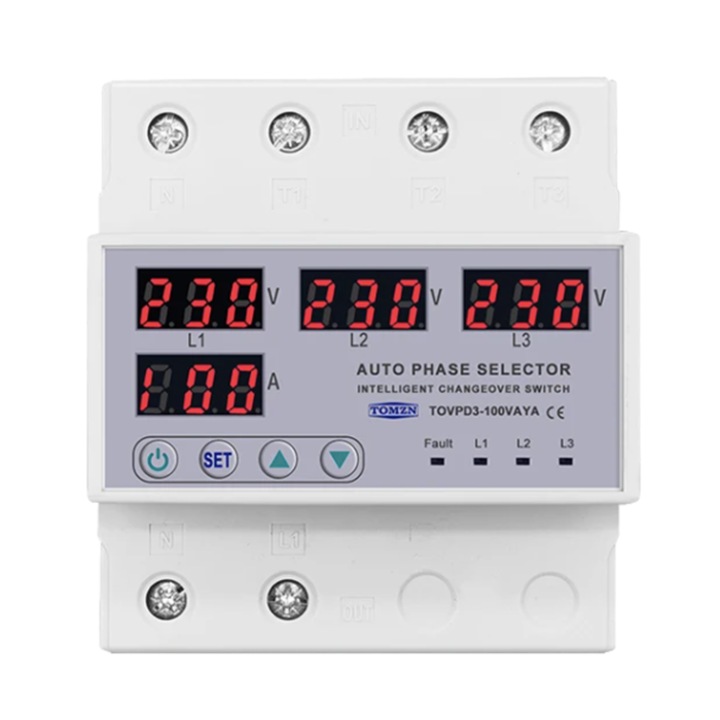 Selector de Faza, Releu de tensiune trifazat sina, DIN 3P+N, Voltmetru, Ampermetru, Supra si subtensiune, Monitor Relee, Protector, Reglarea supratensiunii curente, 100A, N3X, 230V