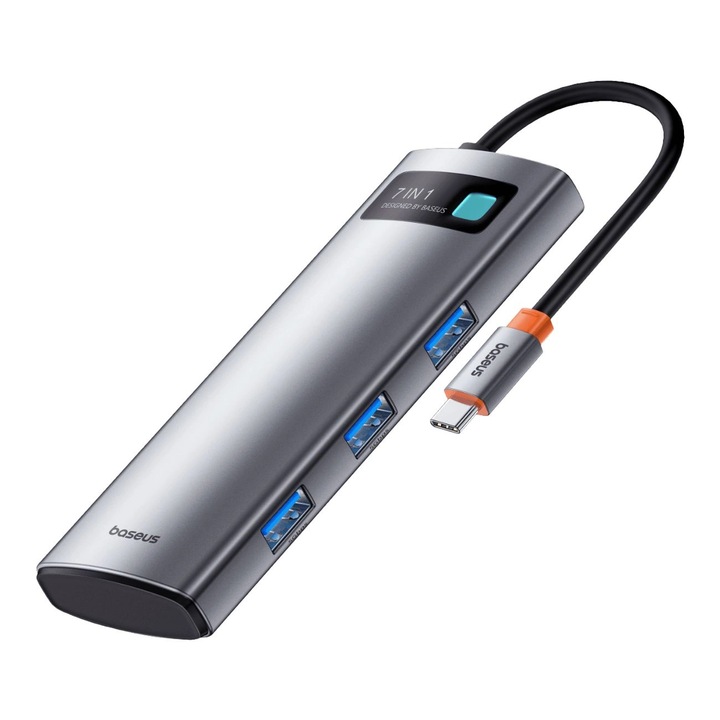 Hub 7in1 Metal Gleam Series, Baseus, HDMI / USB-A / USB-C / SD / TF, захранване, сив