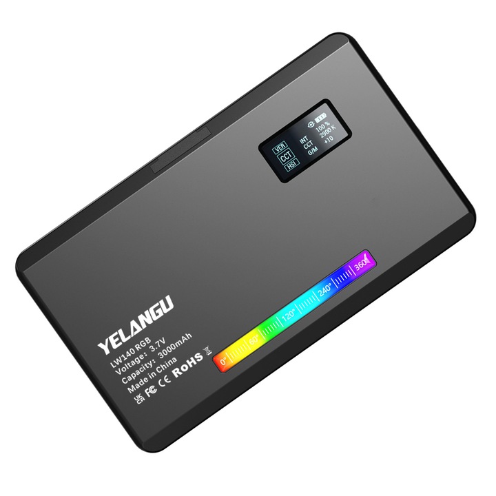 RGB LED лампа за видео - преносима снимка, RGB 140 многоцветен, Симулира 26 реални сцени, CRI 95+, USB-C слот за зареждане, Цифров дисплей, Цветна температура 2500K-9000K, Черен