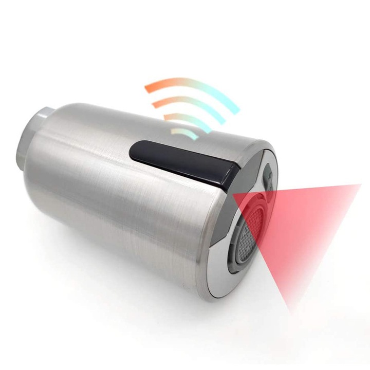 Глава за кран със сензор, Интелигентна глава за кран за мивка, Намалява консумацията на вода, 2 режима, Моментален и постоянен, Батерията издържа 6 месеца+, Стартира за 0,1 s, Дебит 0,07 L/S, За тип G1/2