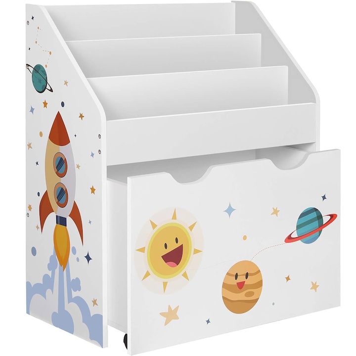 Organizator de jucarii si carti pentru copii SONGMICS, multifunctional, cutie detasabila cu roti, 63x30x70cm, alb